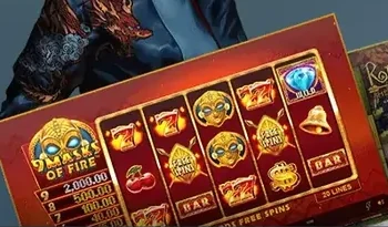 Five reels of a Masks of Fire slot with its paytable amounts along the left edge