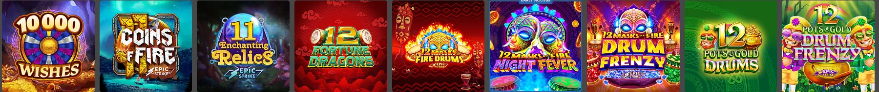 A shelf of pokies tiles from the Casino Kingdom lobby, running from 12 Fortune Dragons through the 12 Masks of Fire titles to 12 Pots of Gold Drums